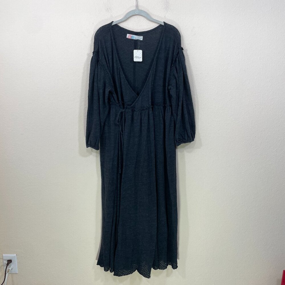 NEW Free People Beach Maxi  Wrap Dress Women's XL  Black Boho Long Sleeve NWT